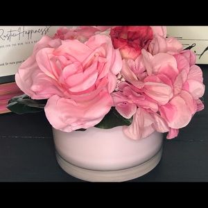 Pink floral arrangement with heavy glass vase. Handmade. Rustic Happiness